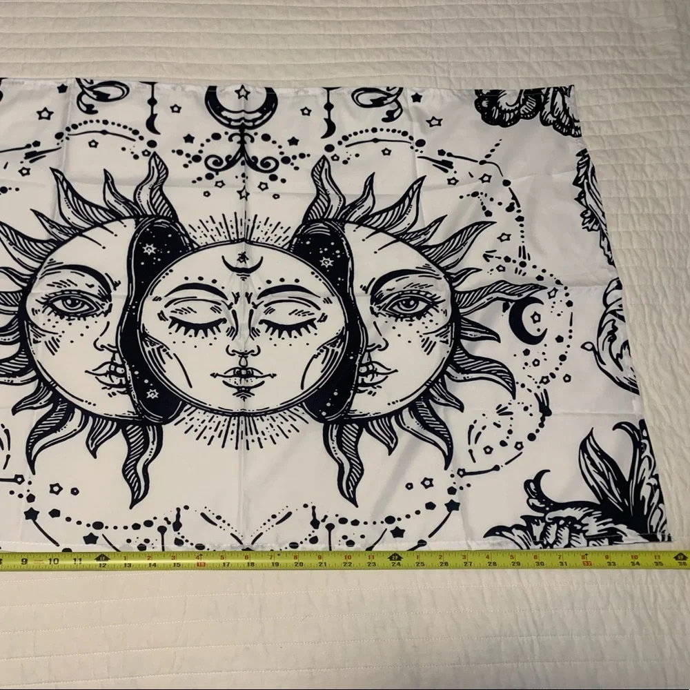 White And Black Tapestry Moon Plases Sun Solar Face Star Floral Ray Eclipse Half